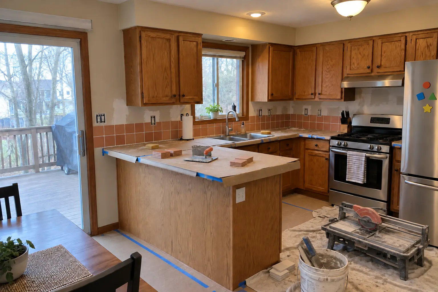 Kitchen Backsplash Installation in a 1980s-1990s two-story colonial / tract house — in progress