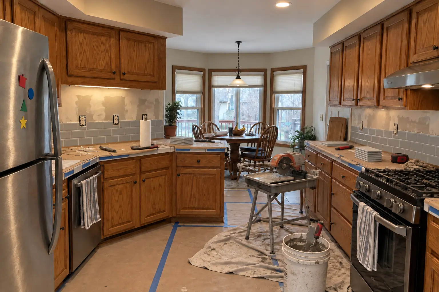 Kitchen Backsplash Installation in a 1980s-1990s two-story colonial / tract house — in progress