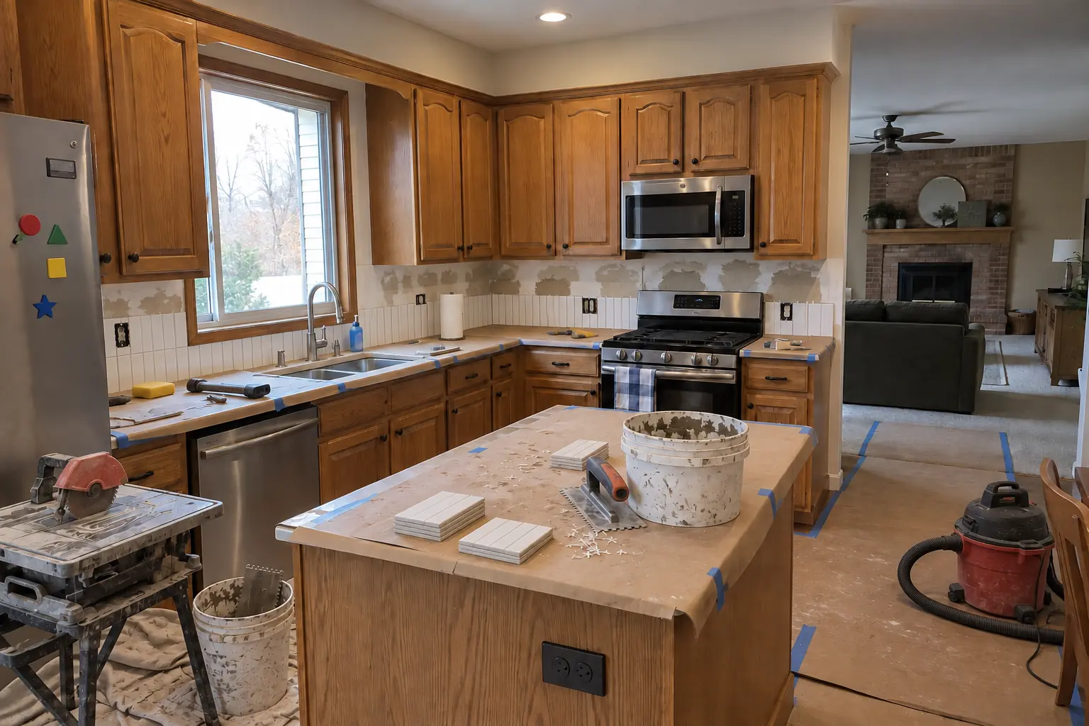 Kitchen Backsplash Installation in a 1980s-1990s two-story colonial / tract house — in progress