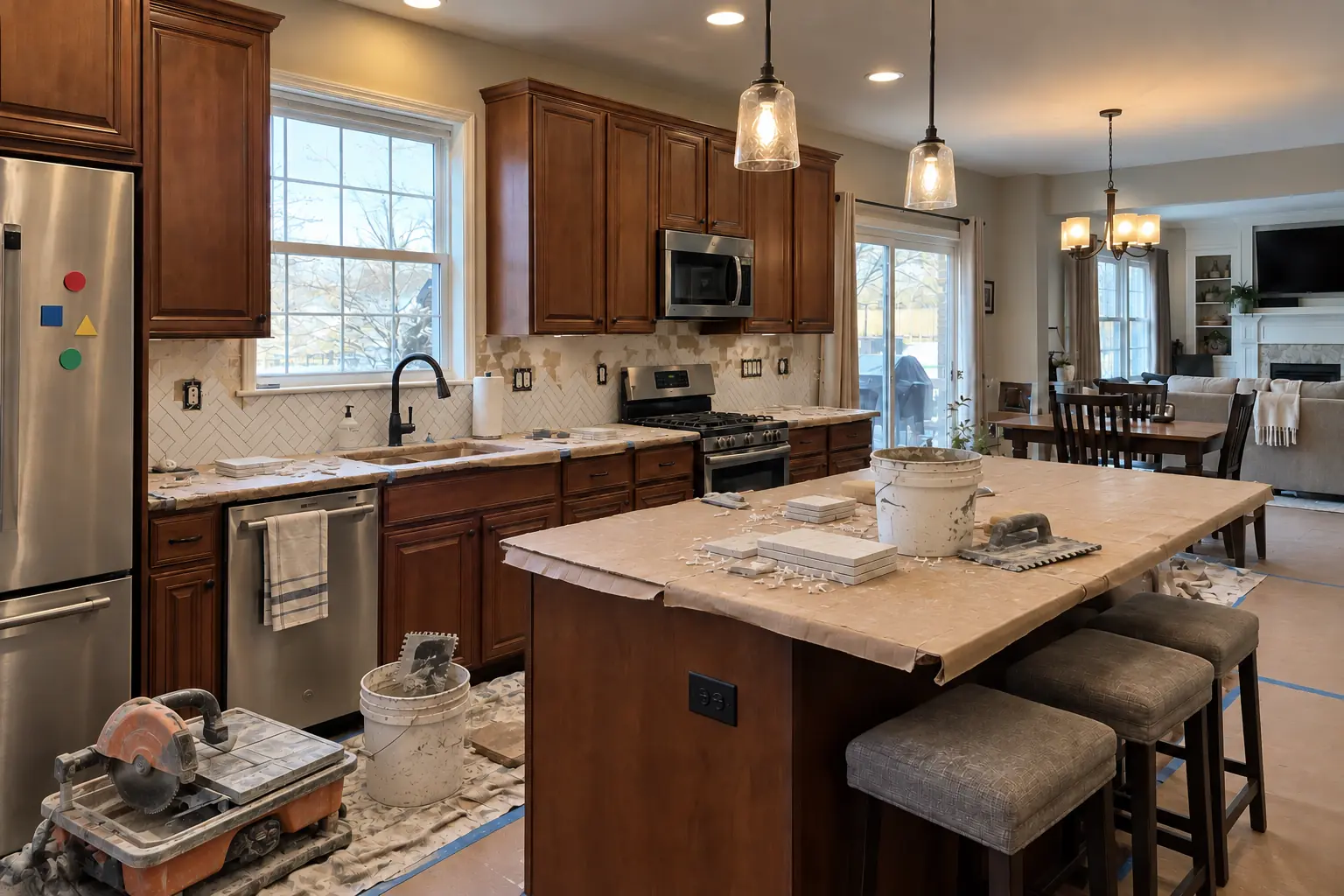 Kitchen Backsplash Installation in a 2000s new construction — in progress