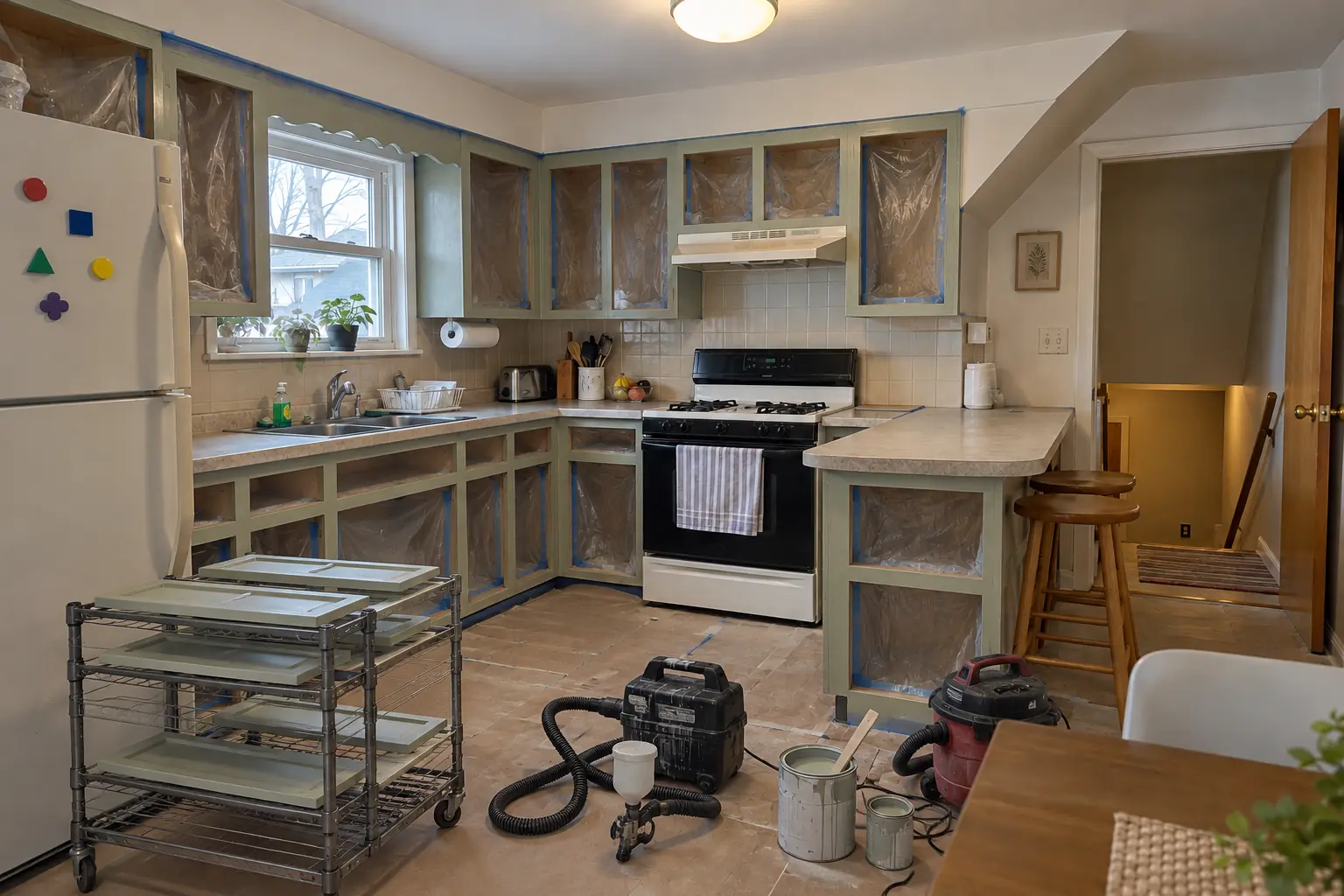 Kitchen Cabinet Painting in a postwar ranch / cape cod / bi-level — in progress