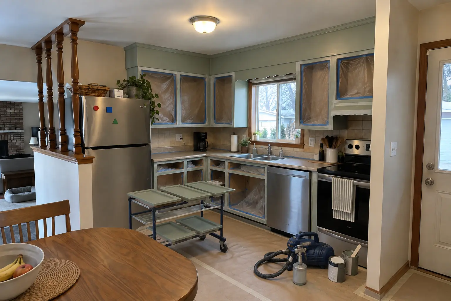 Kitchen Cabinet Painting in a 1970s split-level / raised ranch / tract — in progress