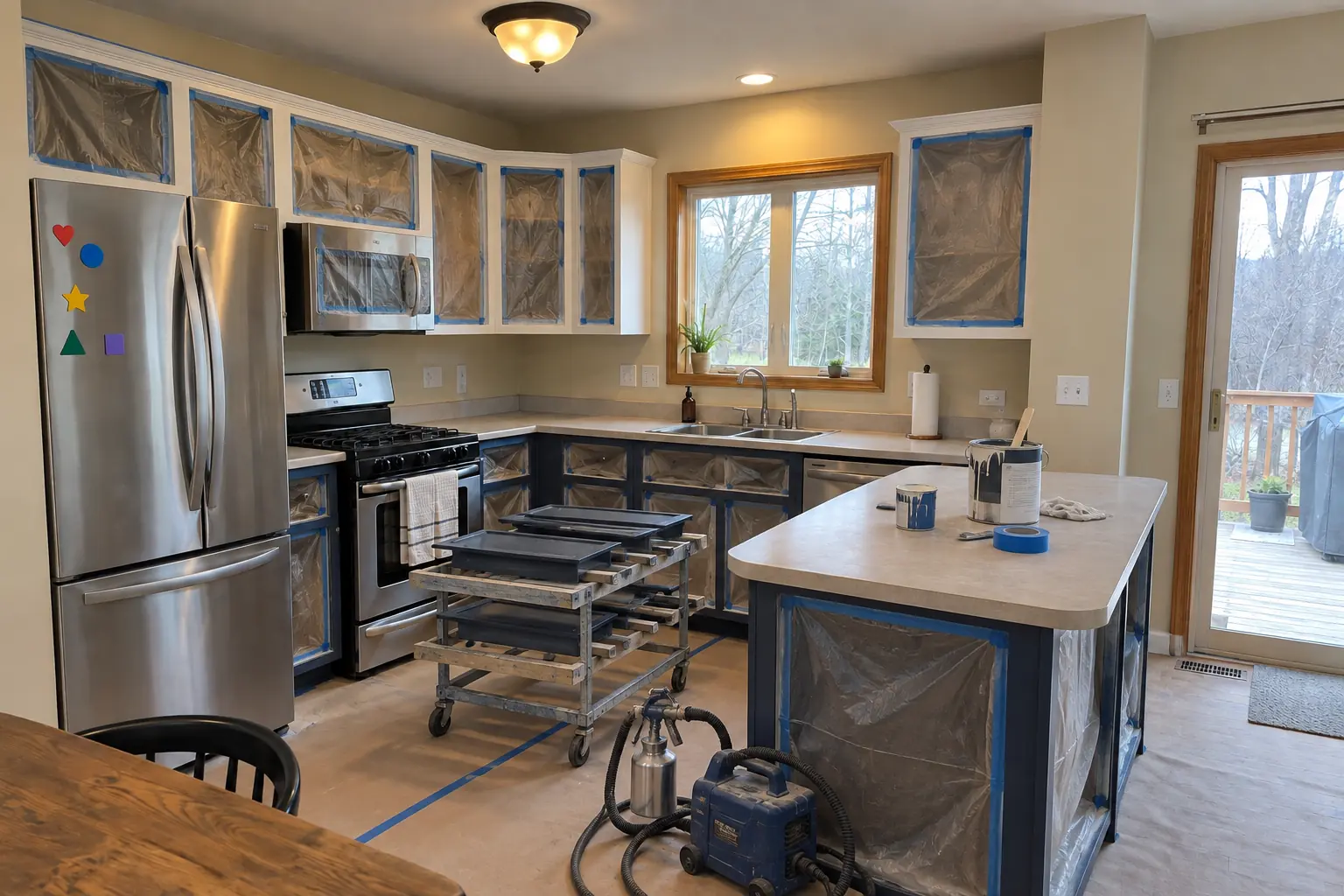 Kitchen Cabinet Painting in a 1980s-1990s two-story colonial / tract house — in progress