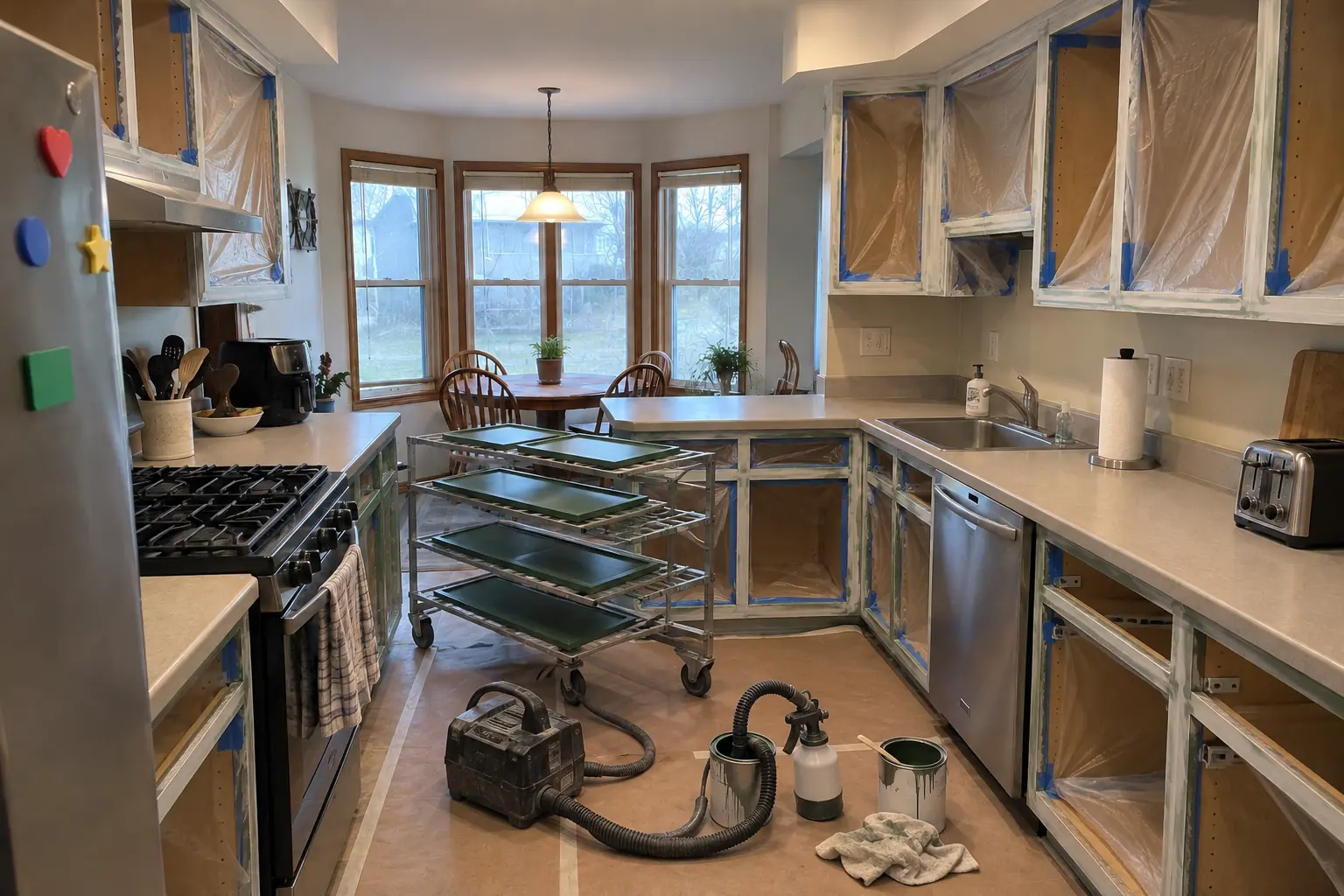 Kitchen Cabinet Painting in a 1980s-1990s two-story colonial / tract house — in progress