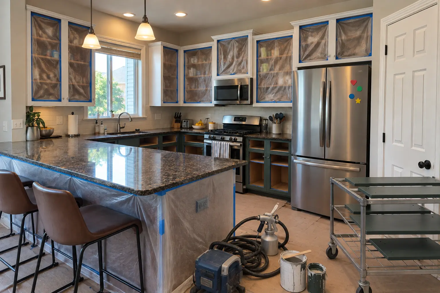 Kitchen Cabinet Painting in a 2000s new construction — in progress