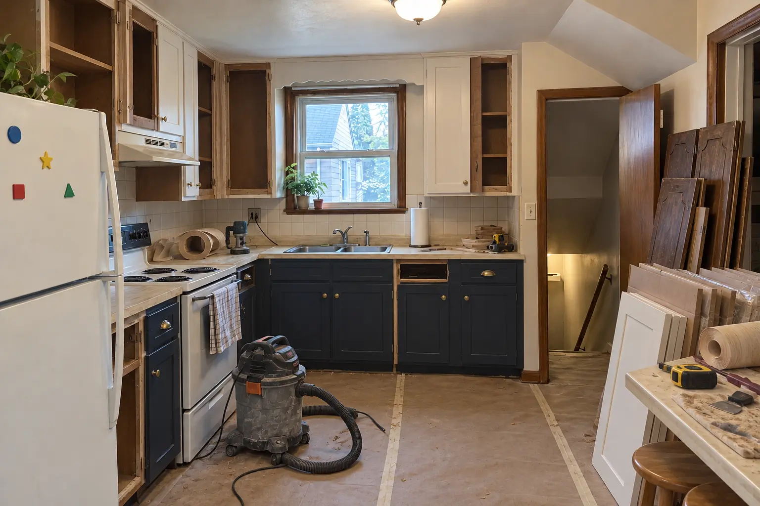 Cabinet Refacing in a postwar ranch / cape cod / bi-level — in progress