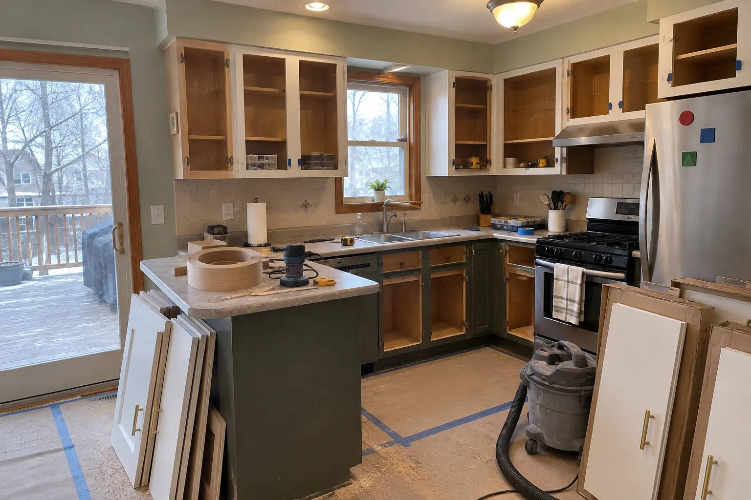 Cabinet Refacing in a 1980s-1990s two-story colonial / tract house — in progress