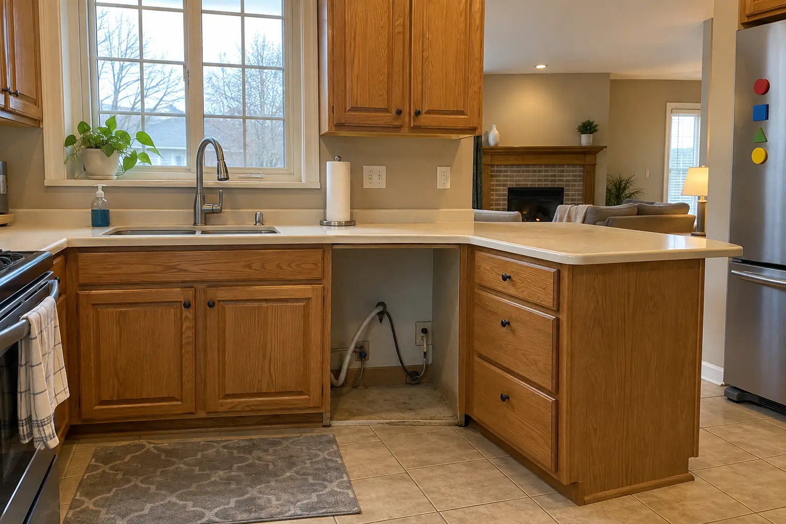 Dishwasher Installation in a 1980s-1990s two-story colonial / tract house — before