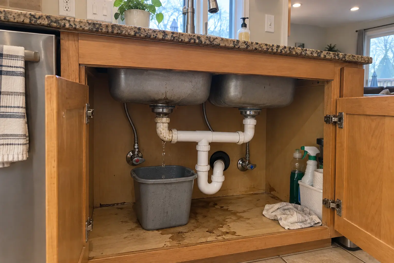 Kitchen Sink Leak & Drain Repair in a 2000s new construction — problem