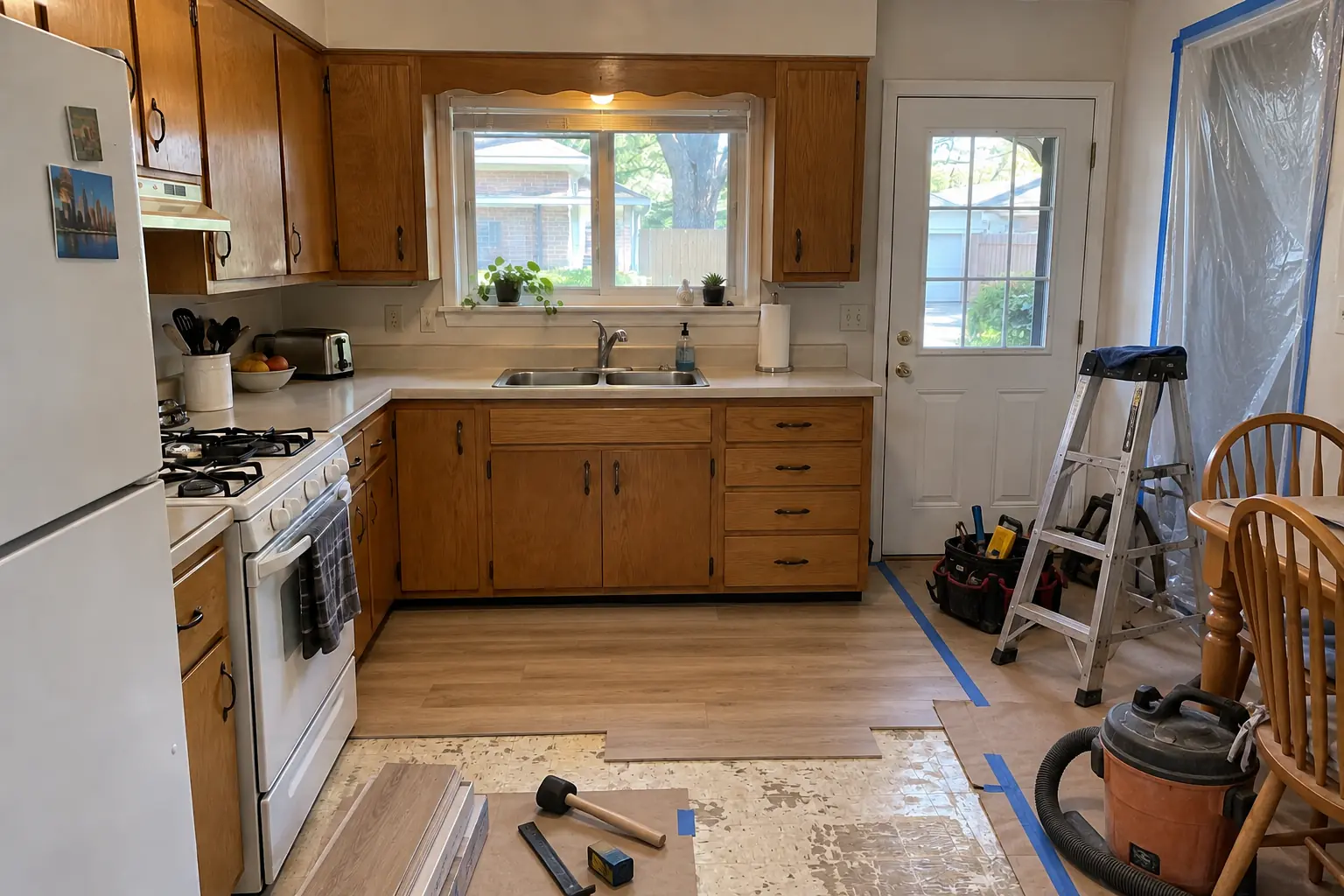 Kitchen Flooring Installation in a postwar ranch / cape cod / bi-level — in progress