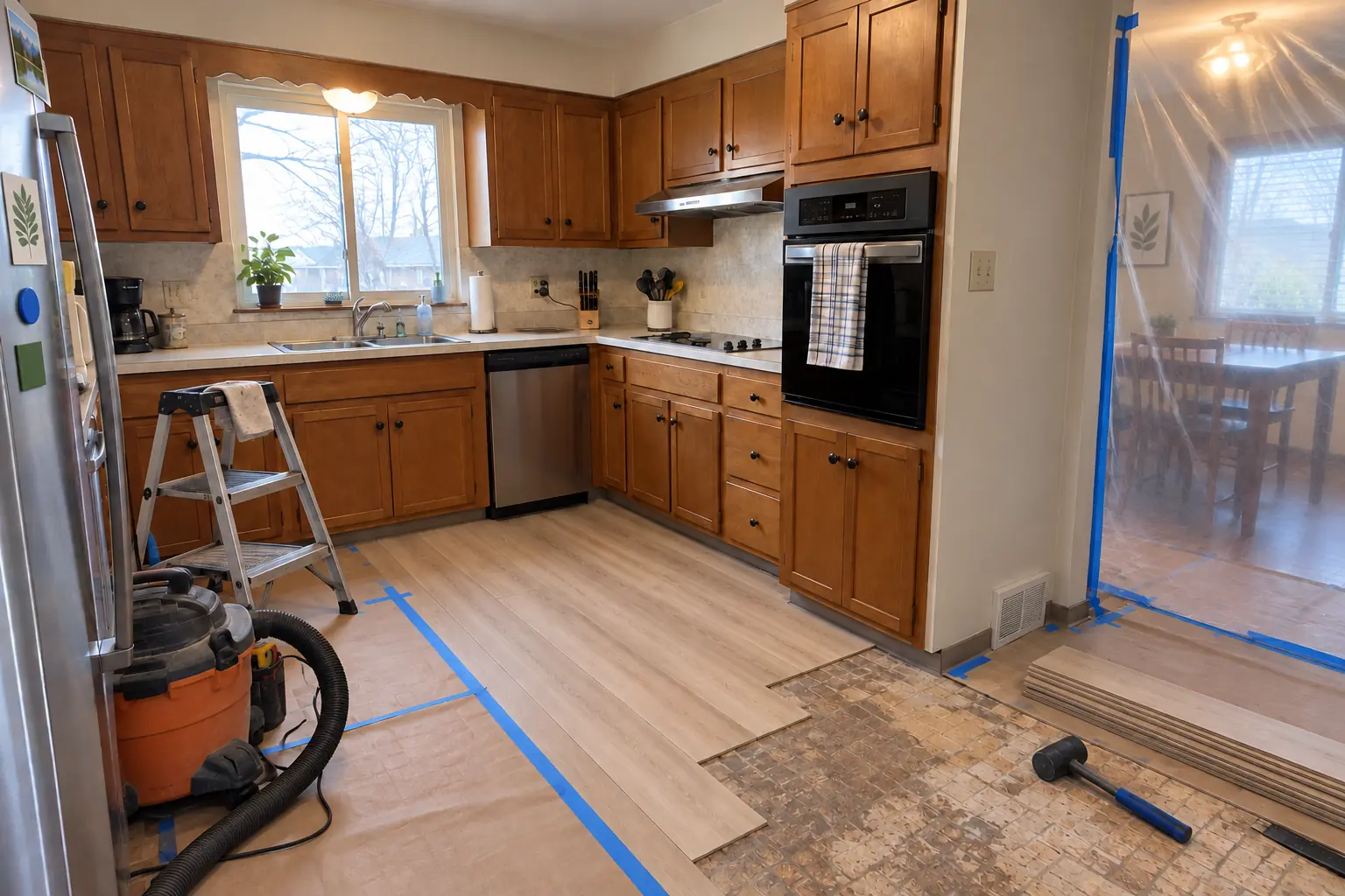 Kitchen Flooring Installation in a postwar ranch / cape cod / bi-level — in progress