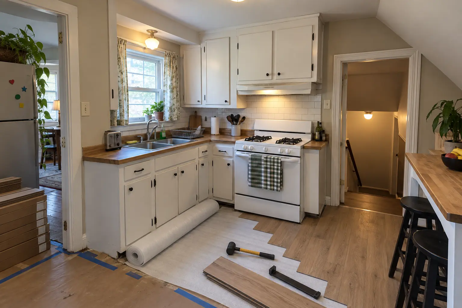 Kitchen Flooring Installation in a postwar ranch / cape cod / bi-level — in progress