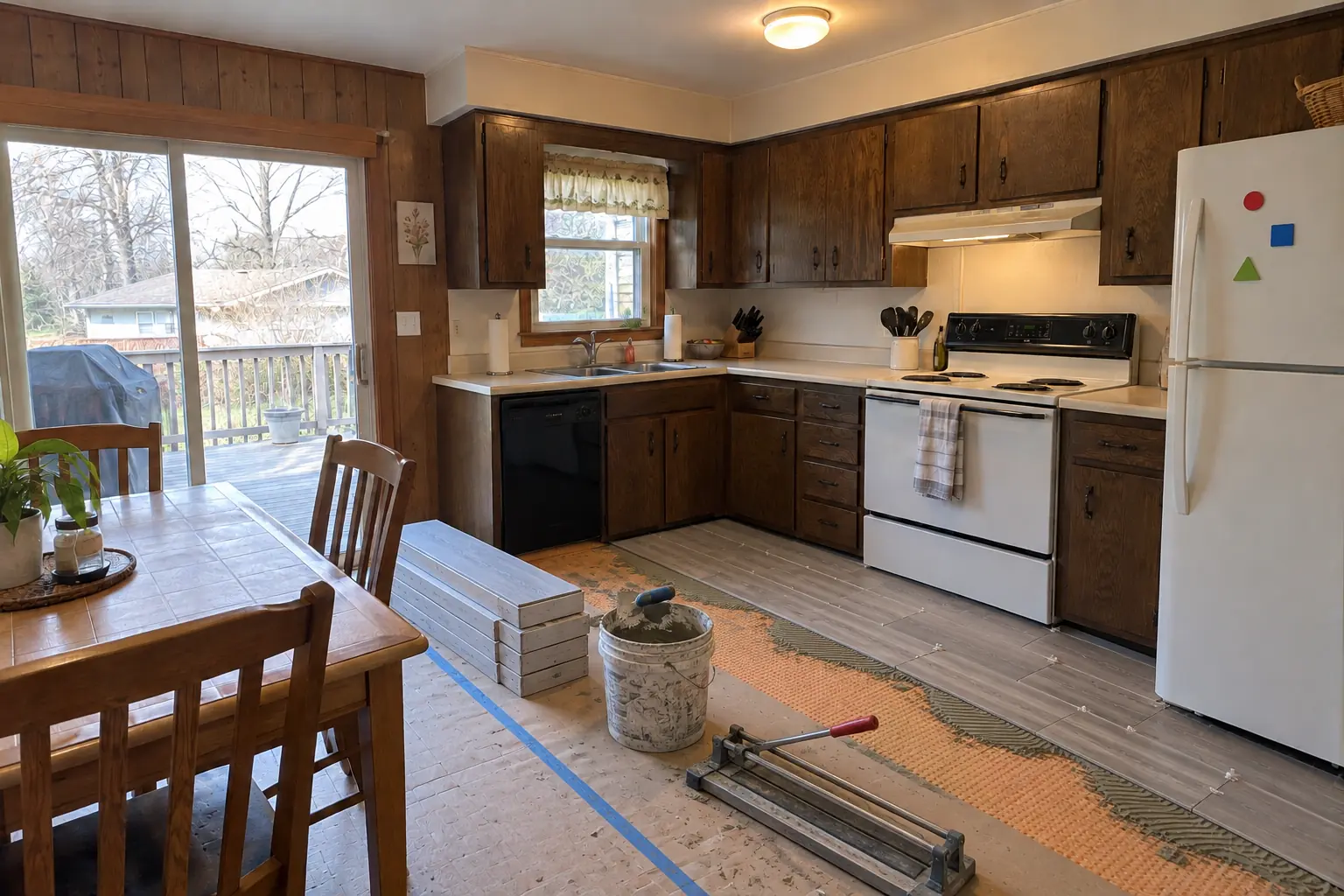 Kitchen Flooring Installation in a 1970s split-level / raised ranch / tract — in progress