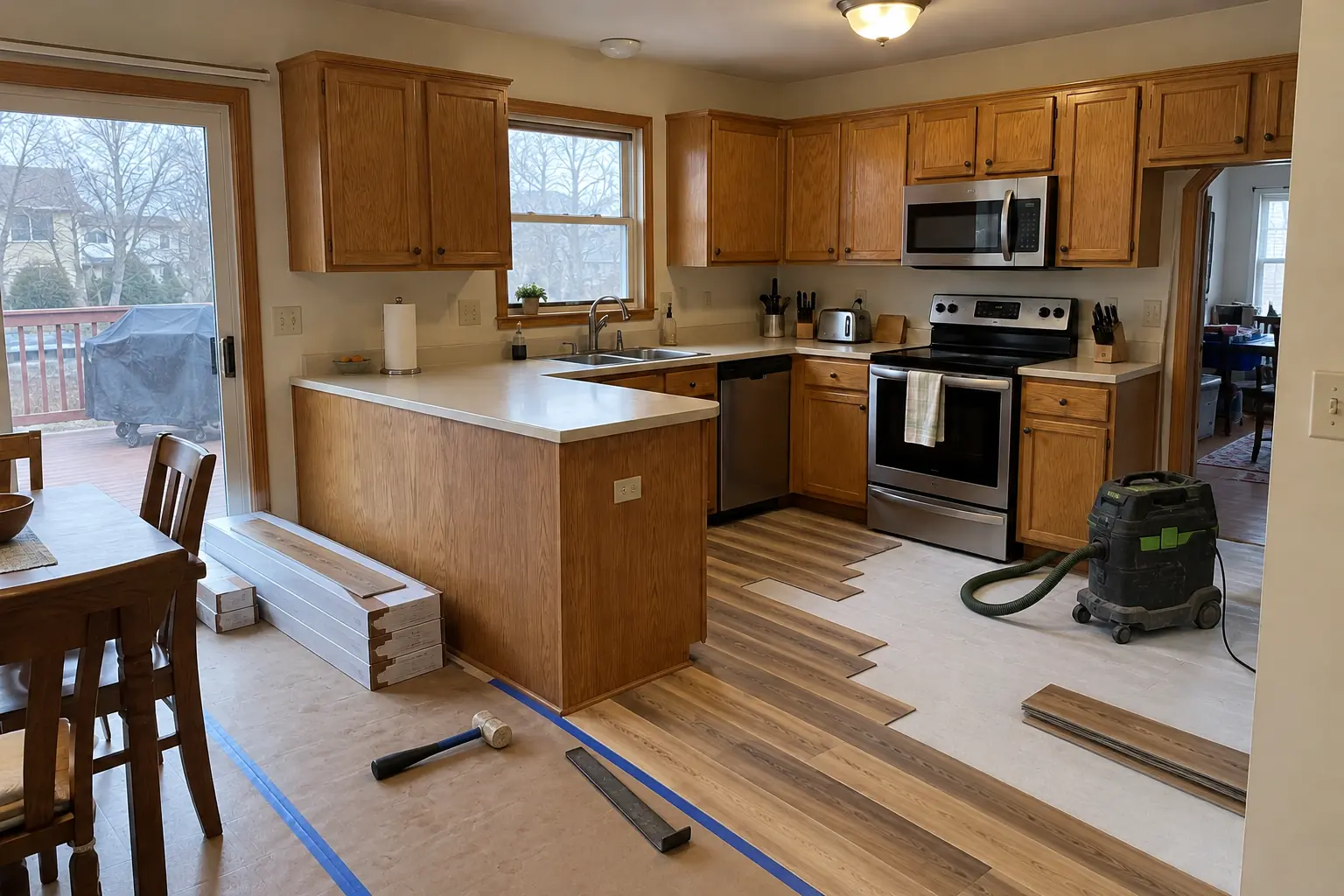 Kitchen Flooring Installation in a 1980s-1990s two-story colonial / tract house — in progress