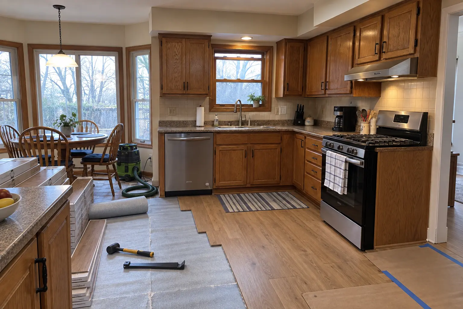 Kitchen Flooring Installation in a 1980s-1990s two-story colonial / tract house — in progress