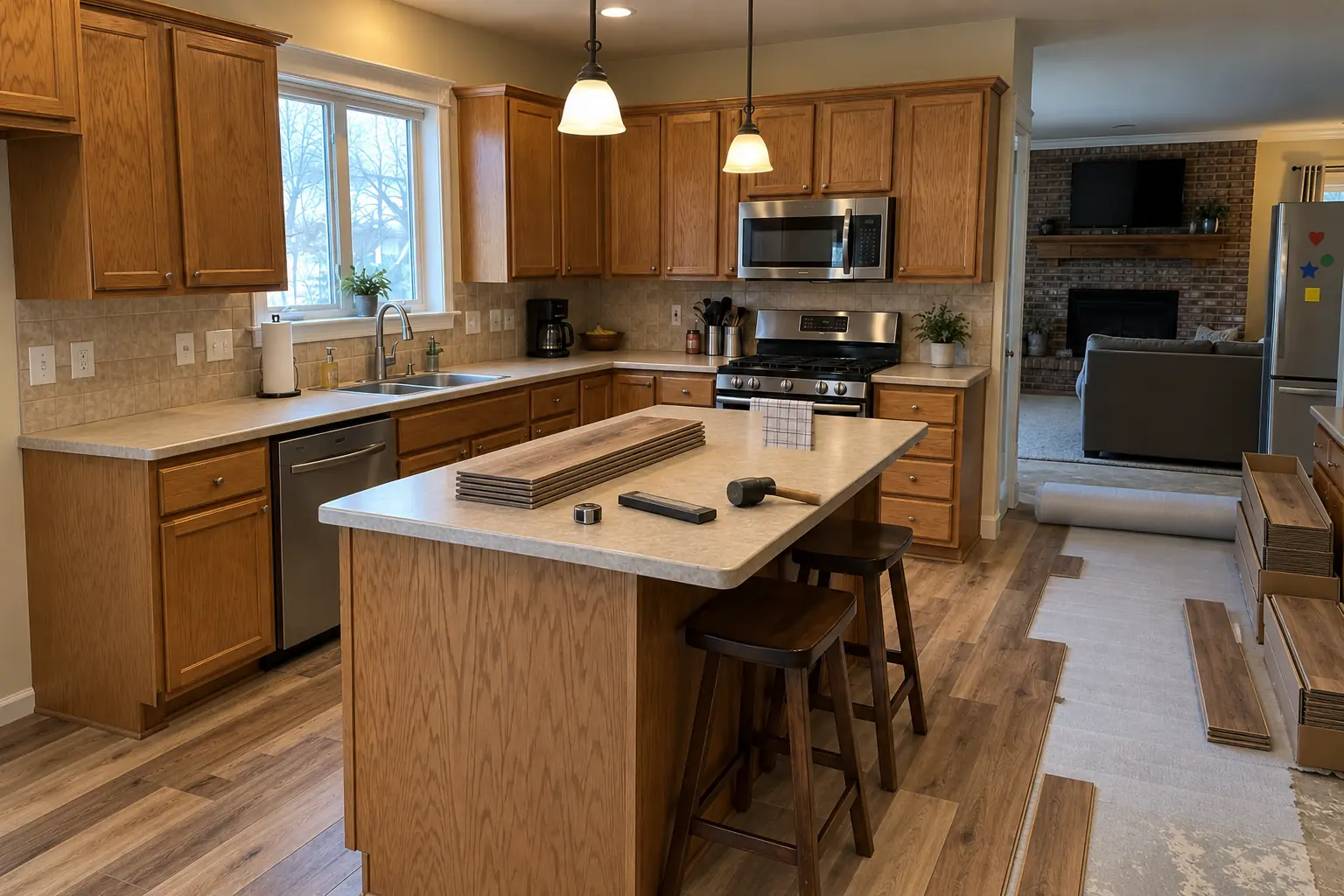 Kitchen Flooring Installation in a 1980s-1990s two-story colonial / tract house — in progress