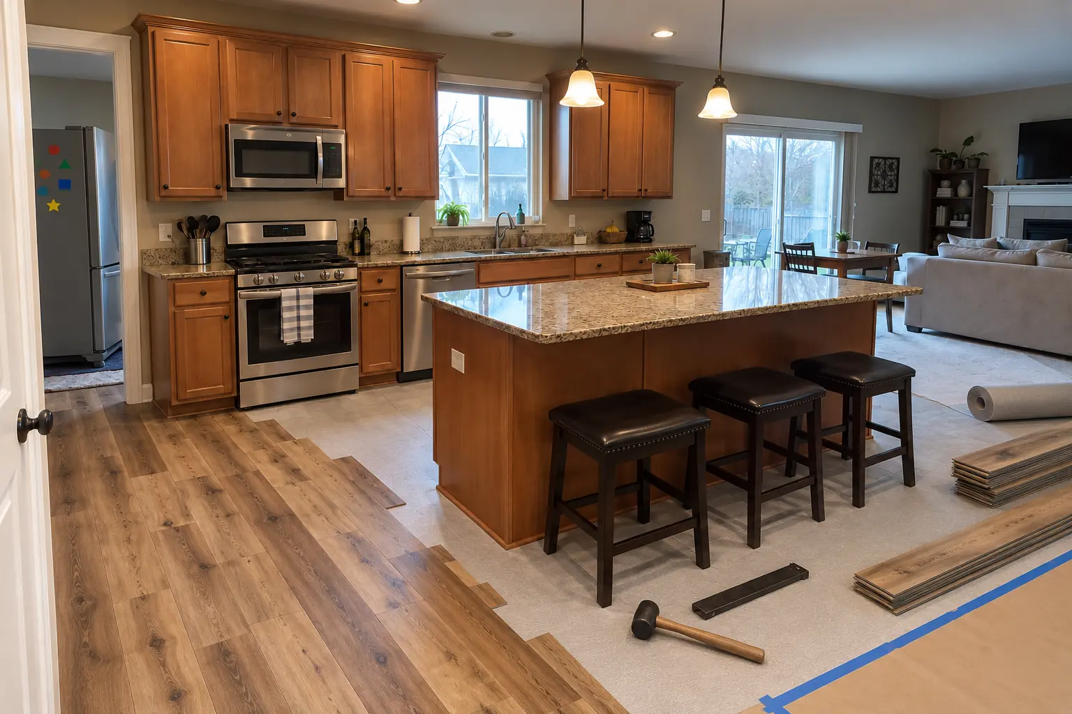 Kitchen Flooring Installation in a 2000s new construction — in progress