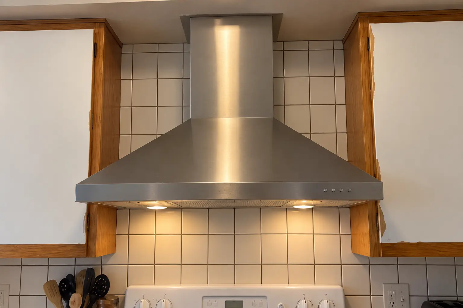 Range Hood Installation in a 1980s-1990s two-story colonial / tract house — detail