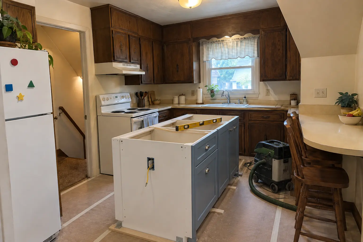 Kitchen Island & Peninsula Installation in a postwar ranch / cape cod / bi-level — in progress