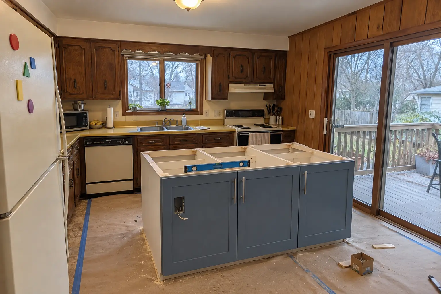 Kitchen Island & Peninsula Installation in a 1970s split-level / raised ranch / tract — in progress