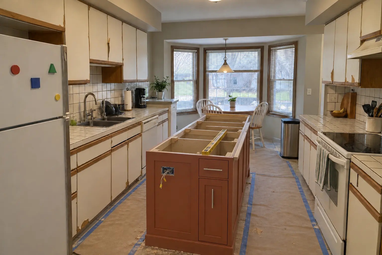 Kitchen Island & Peninsula Installation in a 1980s-1990s two-story colonial / tract house — in progress
