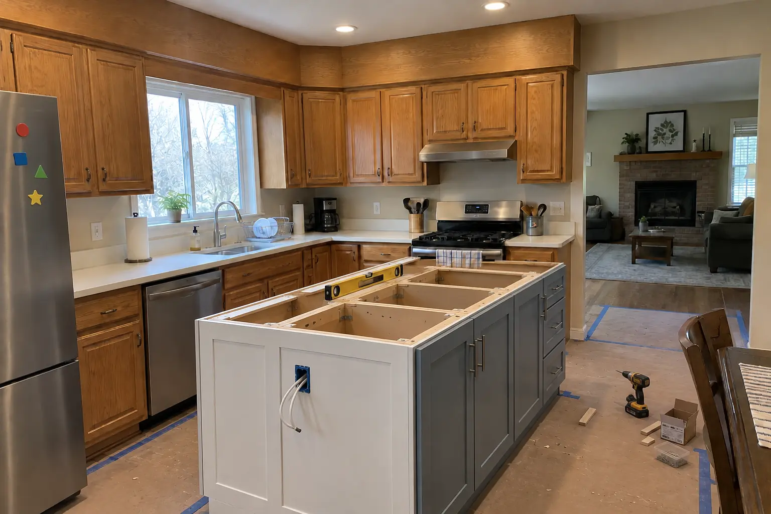 Kitchen Island & Peninsula Installation in a 1980s-1990s two-story colonial / tract house — in progress