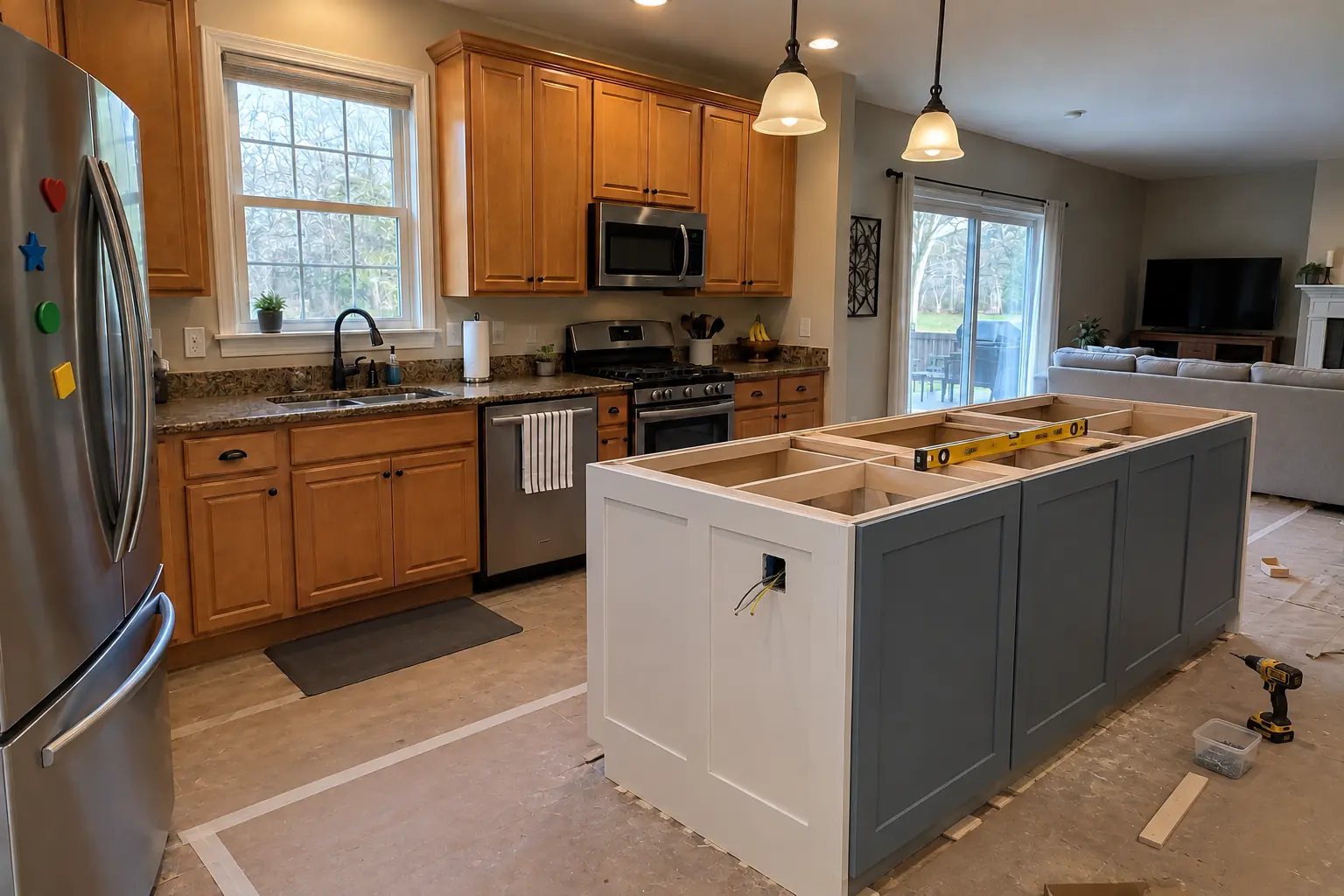 Kitchen Island & Peninsula Installation in a 2000s new construction — in progress