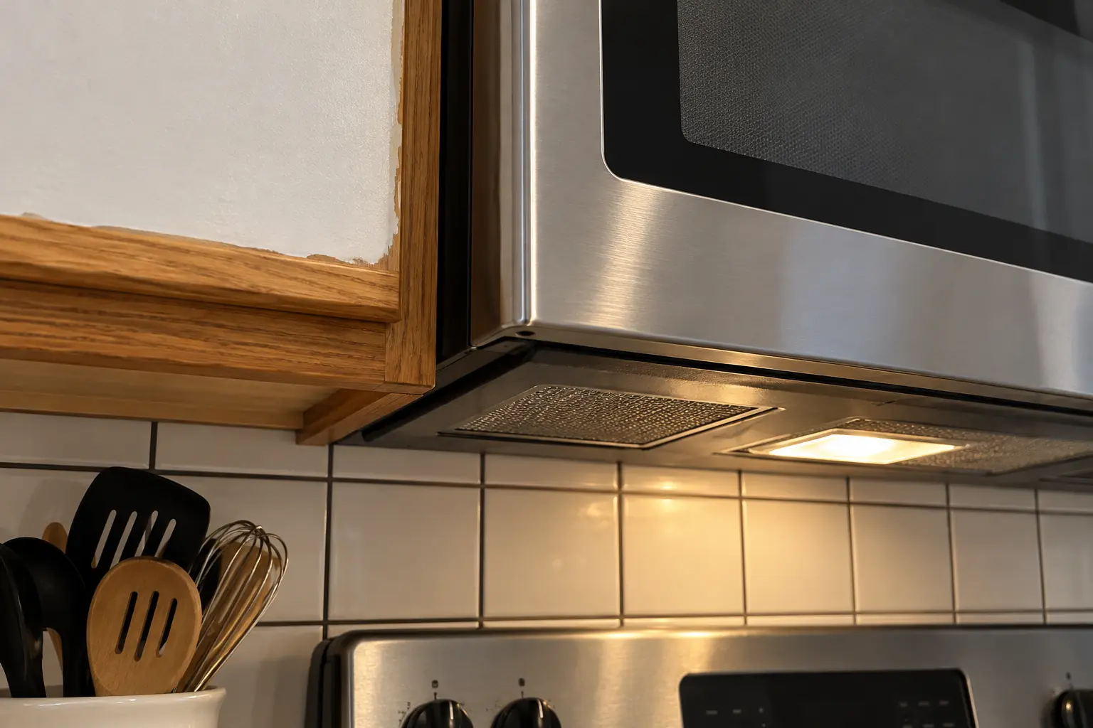 Microwave Installation in a 1980s-1990s two-story colonial / tract house — detail