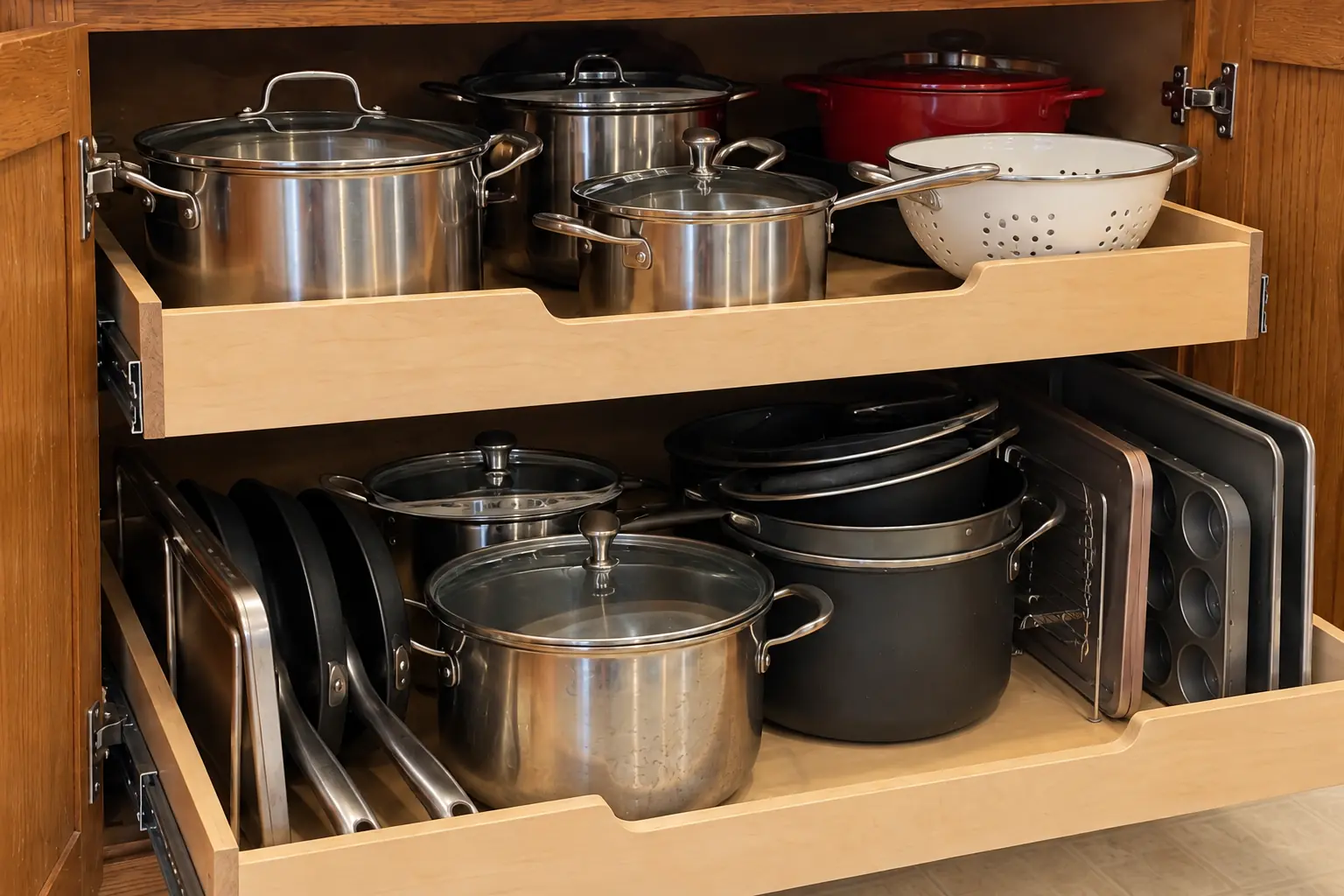 Pull-Out Shelves & Cabinet Organizers in a 1980s-1990s two-story colonial / tract house — detail