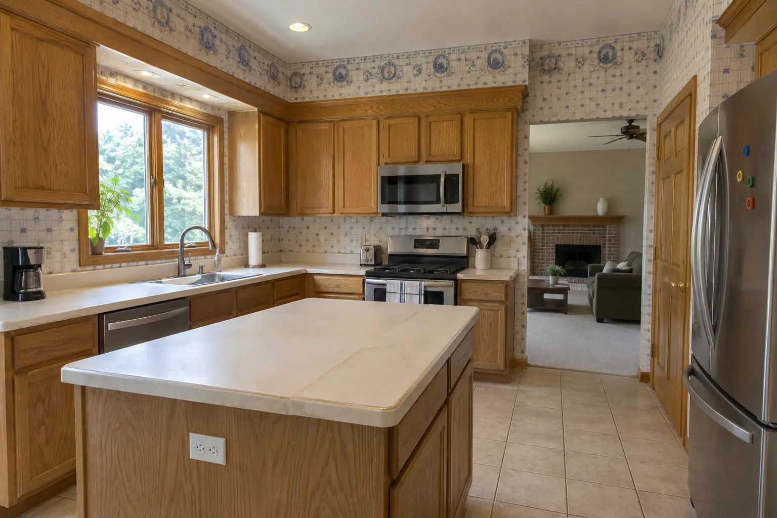 Kitchen Wall Painting & Wallpaper in a 1980s-1990s two-story colonial / tract house — before