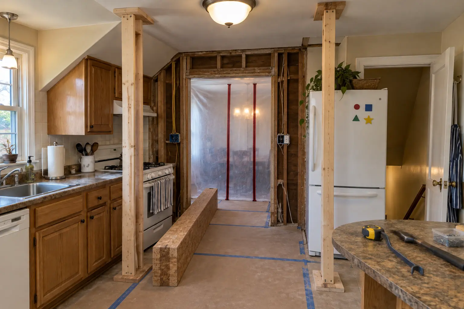 Kitchen Wall Removal & Structural Assessment in a postwar ranch / cape cod / bi-level — in progress