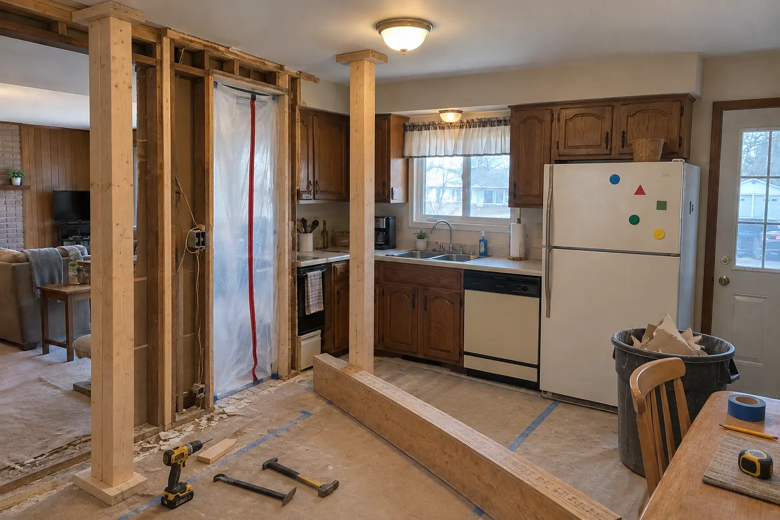 Kitchen Wall Removal & Structural Assessment in a 1970s split-level / raised ranch / tract — in progress