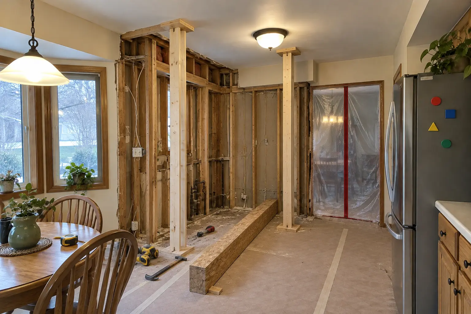Kitchen Wall Removal & Structural Assessment in a 1980s-1990s two-story colonial / tract house — in progress
