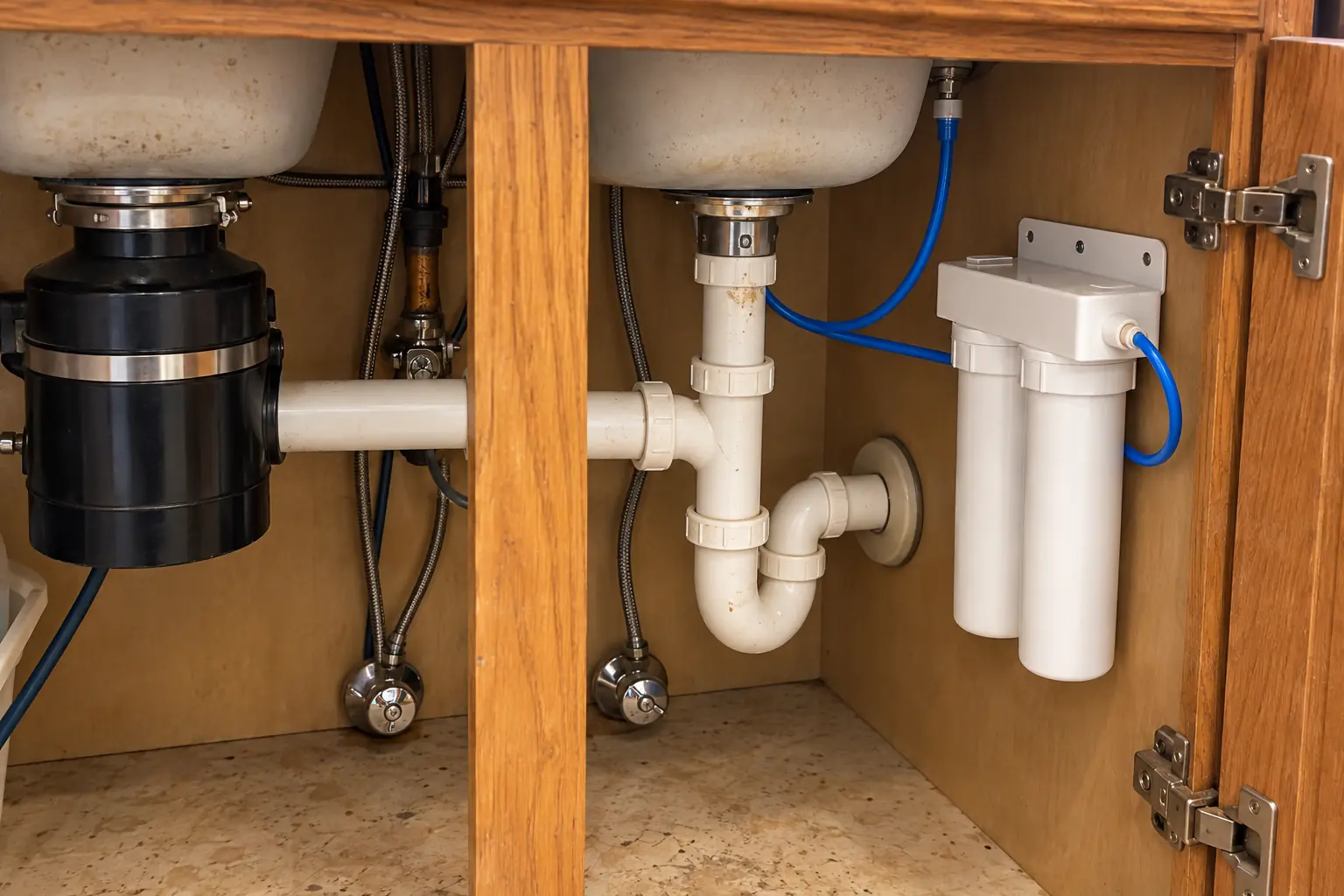 Under-Sink Water Filtration in a 1980s-1990s two-story colonial / tract house — detail