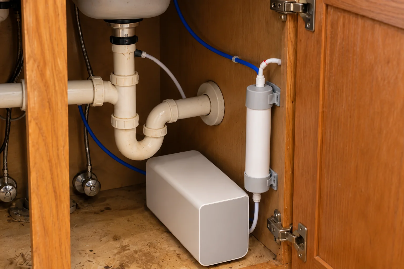 Under-Sink Water Filtration in a 1980s-1990s two-story colonial / tract house — detail