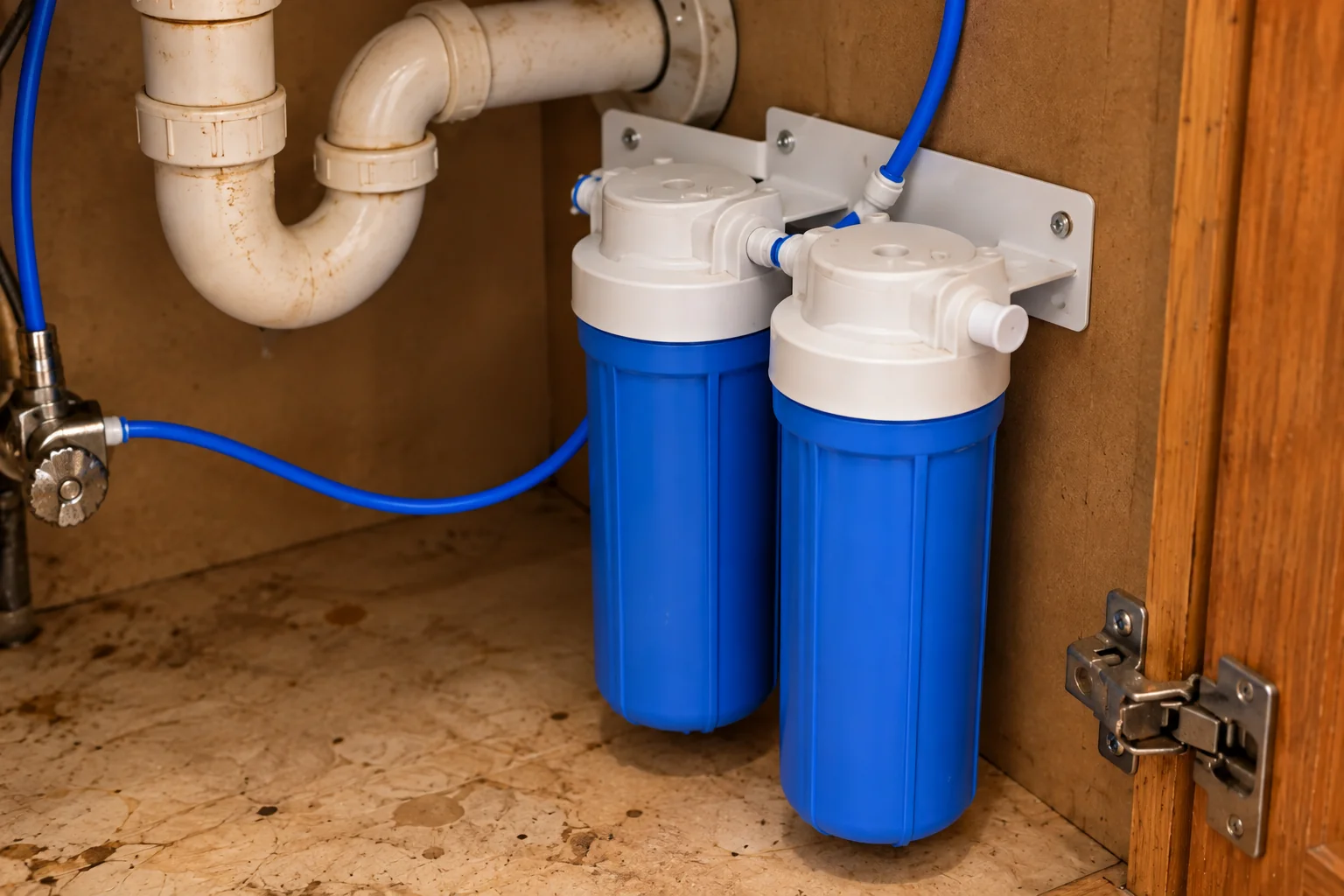 Under-Sink Water Filtration in a 1980s-1990s two-story colonial / tract house — detail