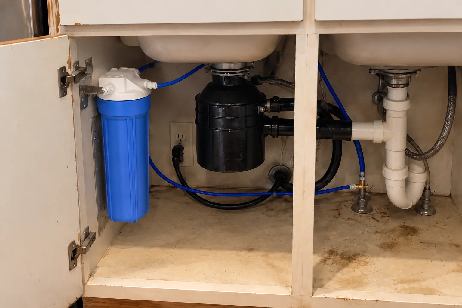 Under-Sink Water Filtration in a 1980s-1990s two-story colonial / tract house — detail