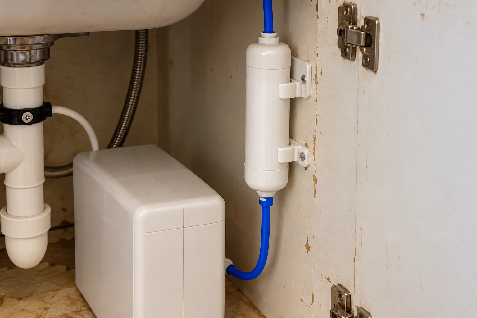 Under-Sink Water Filtration in a 1980s-1990s two-story colonial / tract house — detail