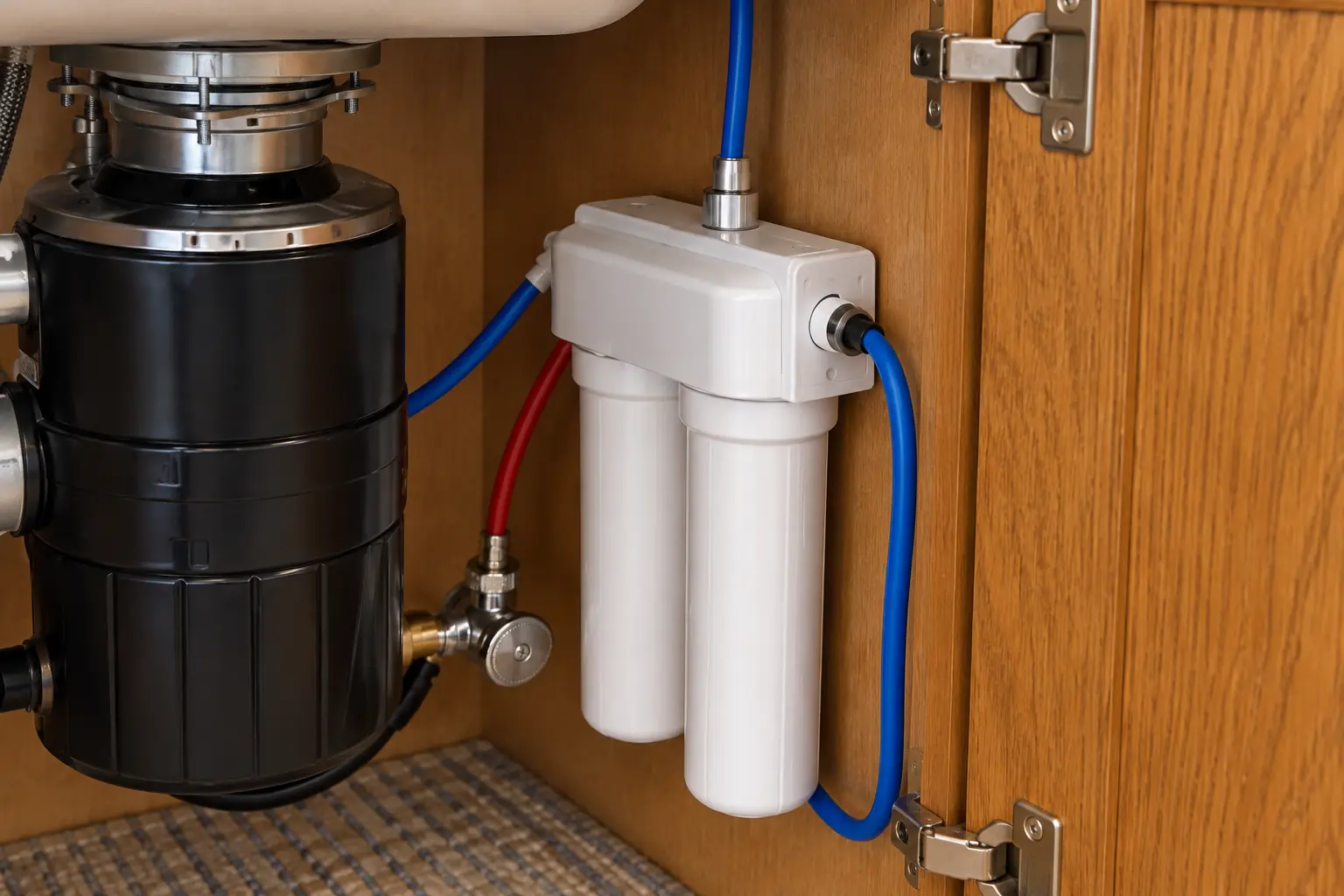 Under-Sink Water Filtration in a 1980s-1990s two-story colonial / tract house — detail