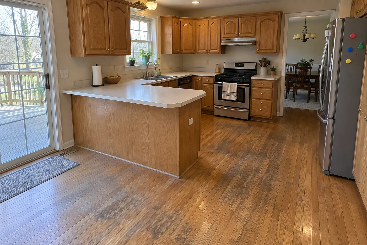 Hardwood Floor Repair & Refinishing in a 1980s-1990s two-story colonial / tract house — before